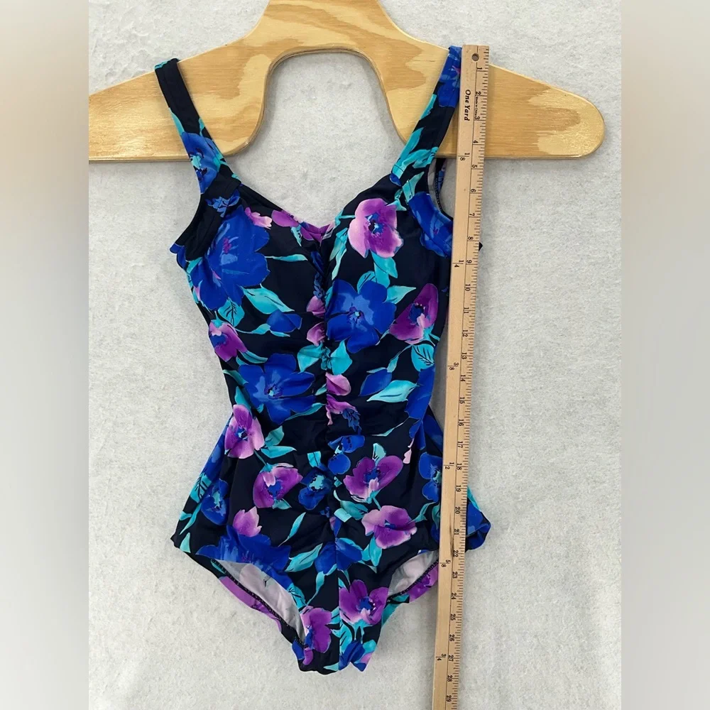 La Cove Swimsuit Floral Ruched‎ Front Purple Blue Black Size 12
